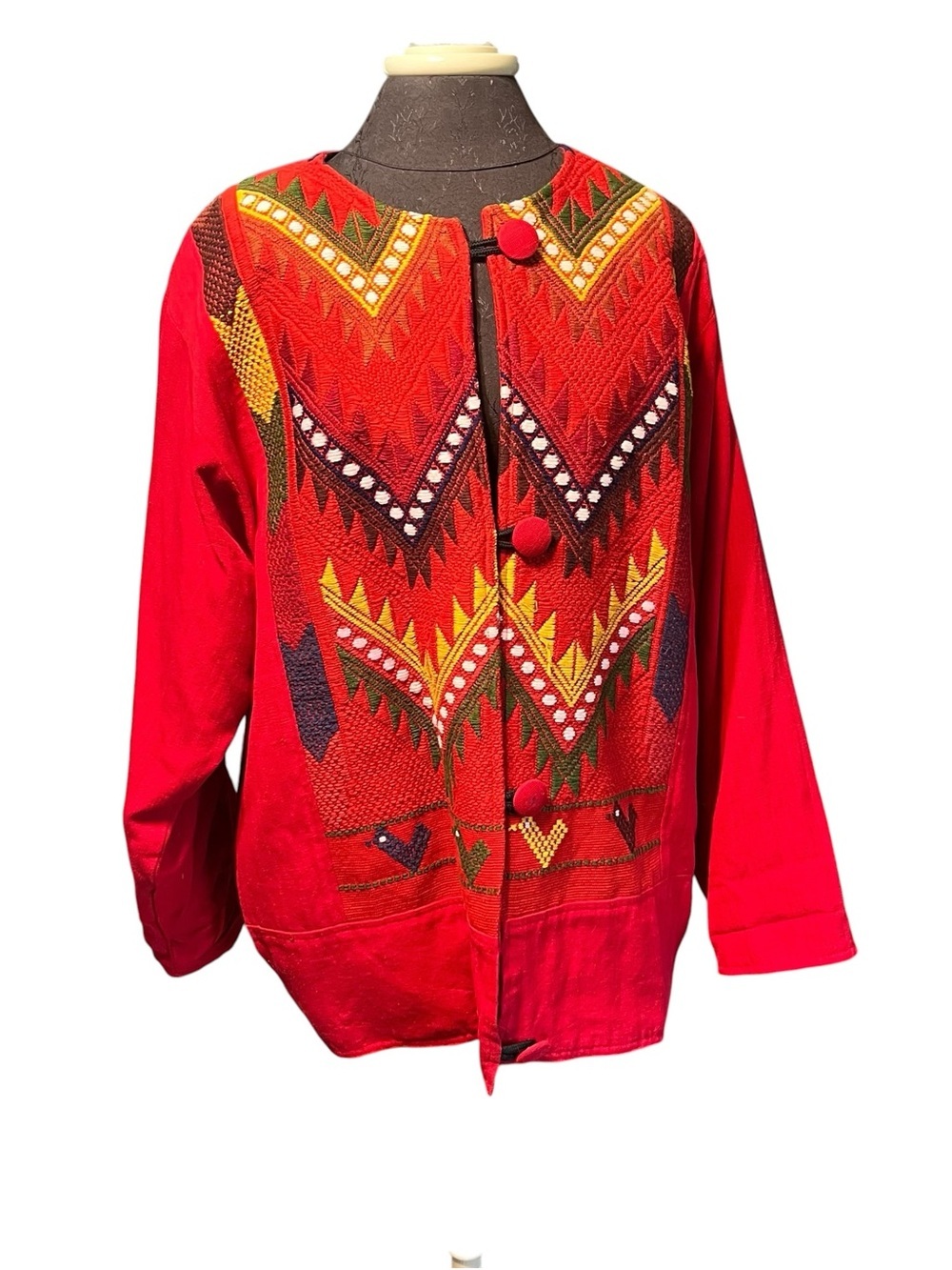 Vintage Guatemalan Red Flame Embroidered Cotton Coat Jacket XL
